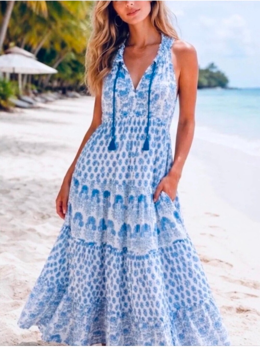NEW- Calypso St. Barth Bohemian Beach Blue and White Printed Tiered Maxi Dress